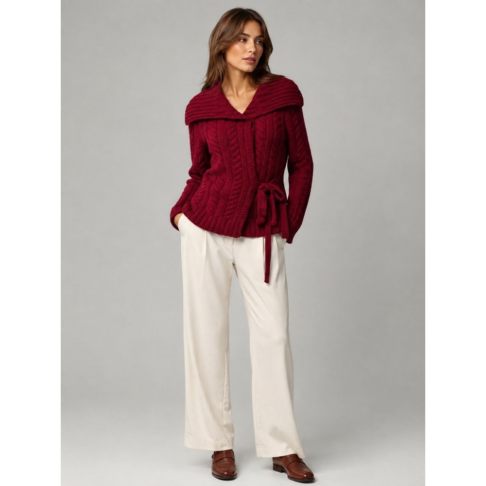 Vince Merino Wool Alpaca Cable Knit Wrap Cardigan Burgundy Red 70859 Medium